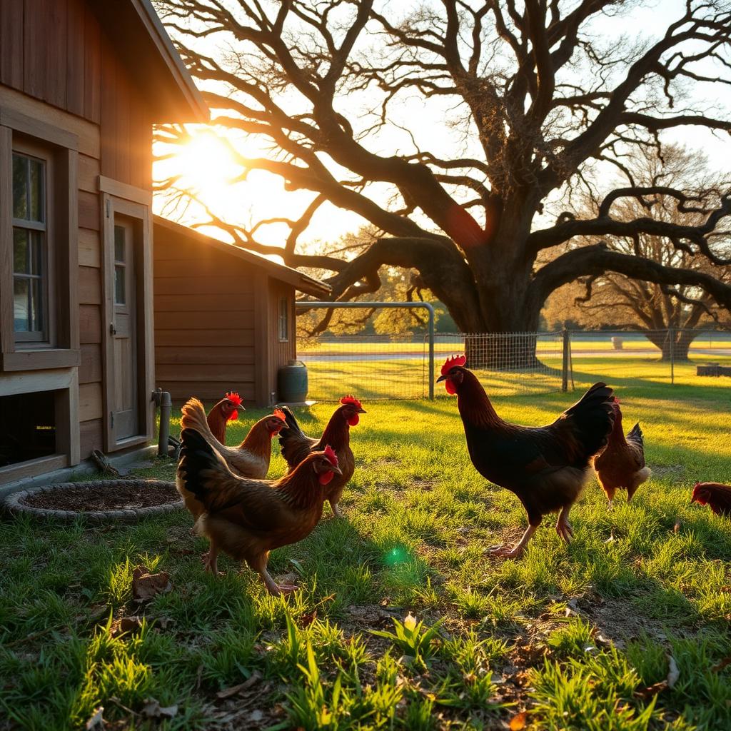 Backyard chickens in a Texas Hill Country yard at golden hour